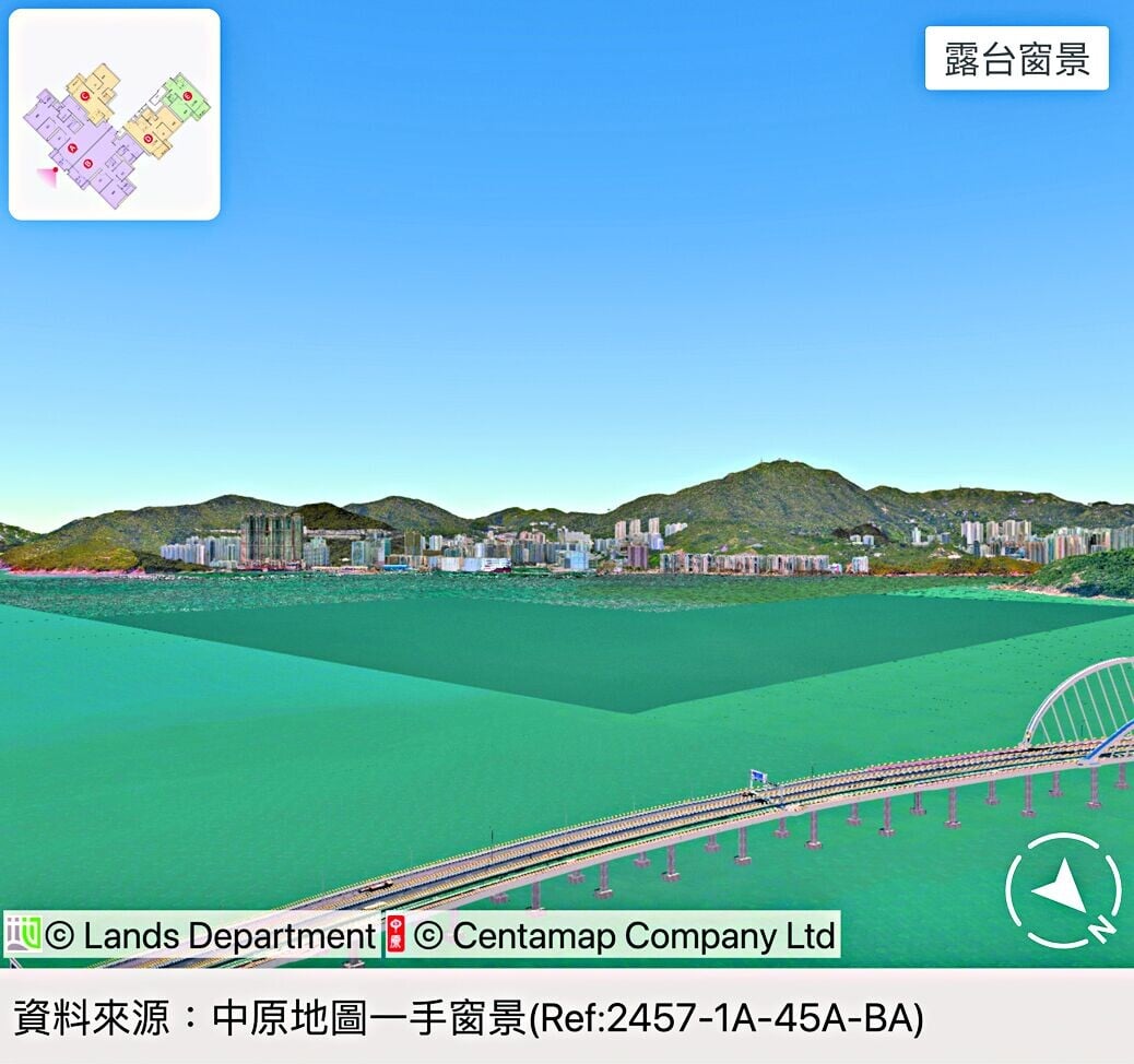 1座(1A)中層45樓A室外望將軍澳跨灣大橋,遠眺小西灣及港島東中心。(備註:「中原地圖一手窗景」利用虛擬實境技術模擬窗外景觀,並非現場拍攝的實景照片,僅作估計參考用途。)