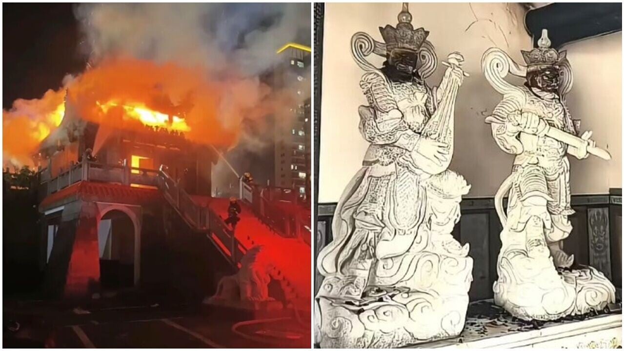 福建廟宇被雷劈起火，四大天王驚變黑面惹熱議。(微博)