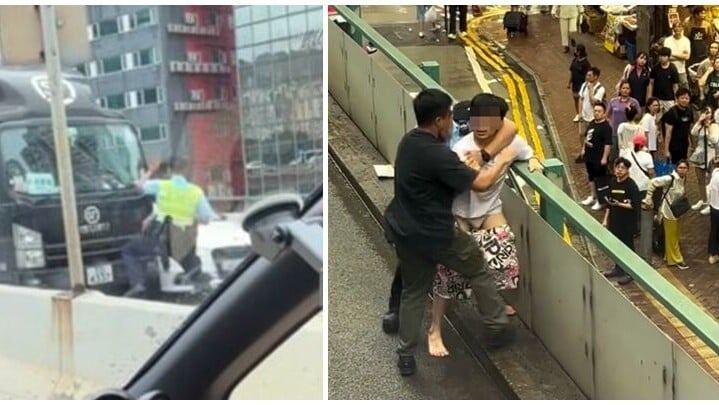 涉案男子落網一刻片段亦曝光，可見戴眼鏡的他在鵝頸橋街市、近羅素街對開堅拿道天橋上被制服，當時他與兩名警員糾纏，橋下大批市民圍觀，多名警員其後趕抵增援(影片截圖)
