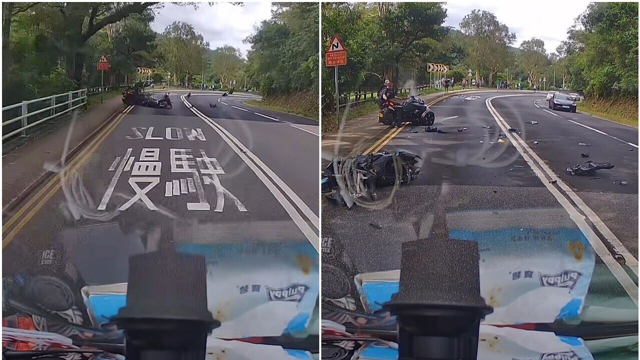車Cam直擊｜大埔公路兩電單車相撞 一男傷重不治 (@fb Twei Chen)