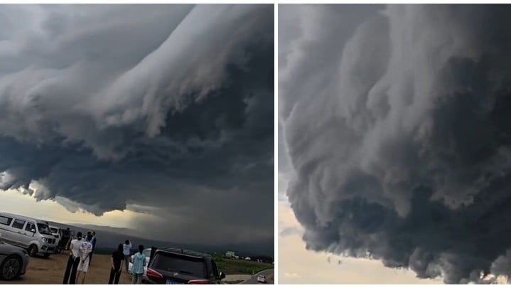 河北張家口上周六(4日)傍晚出現異象，突然黑雲蓋頂狀如海浪，遮天蔽日席捲而來(x)