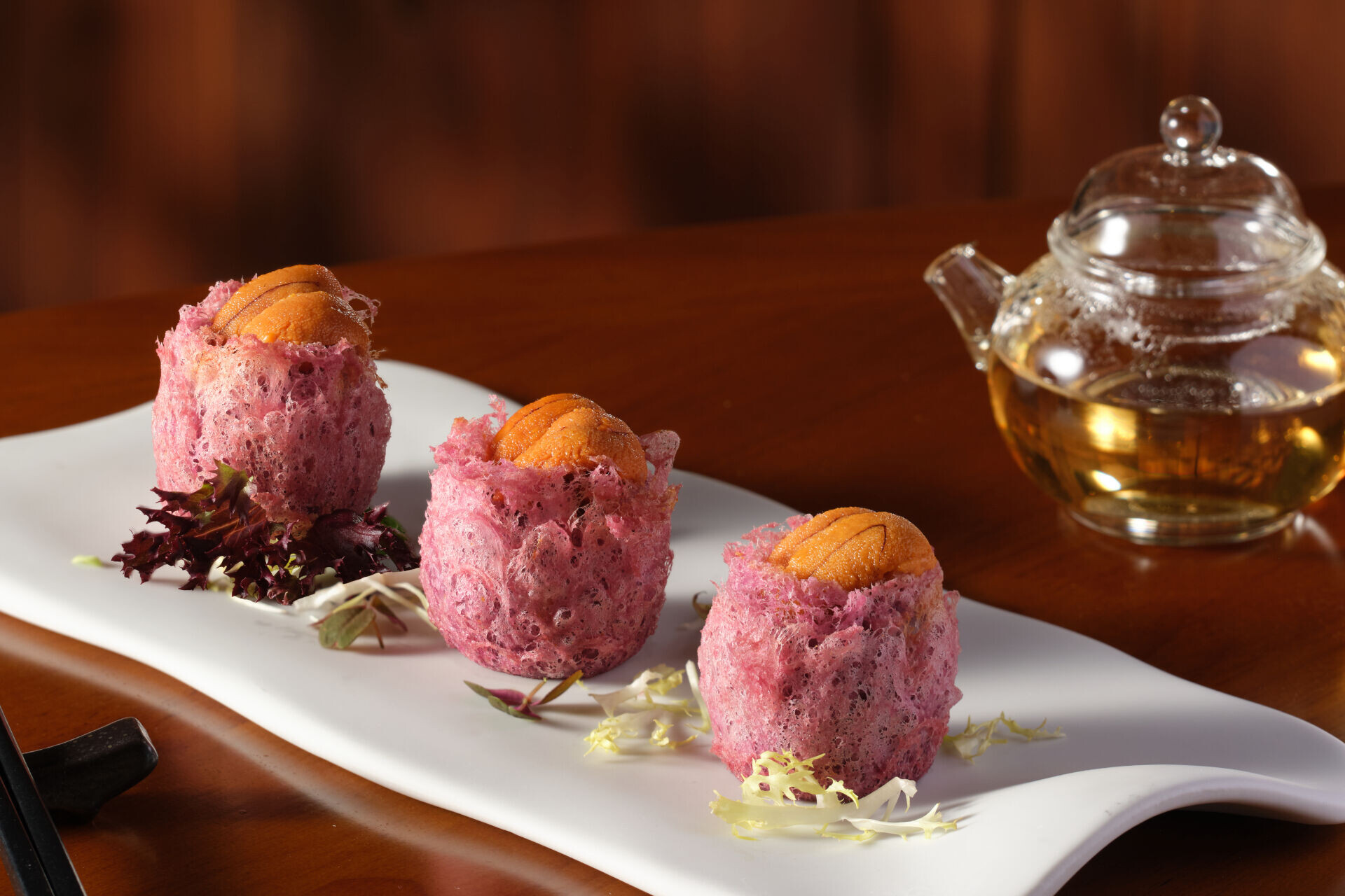 Deep fried Purple Sweet Potato Puffs with Sea Urchin and Scallop 海膽帶子紫薯盒