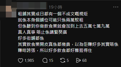 有網民指出食肆舖租較其他店舖高。(Threads)