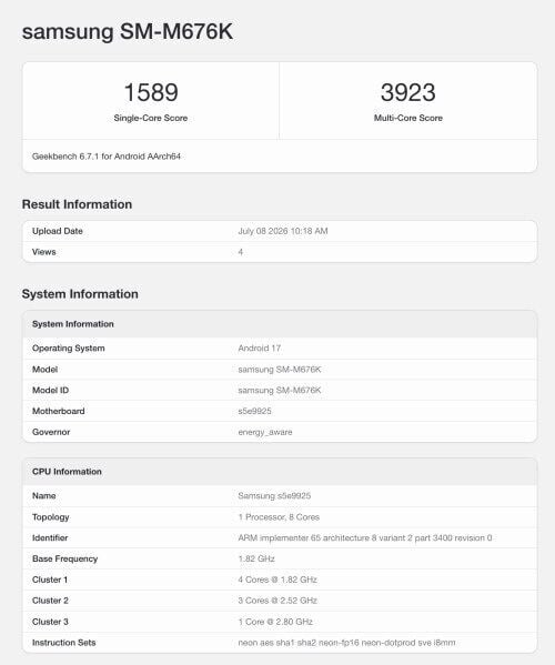 Samsung Galaxy M67 於 Geekbench 網站的測試中展現了符合預期的數據,其單核測試成績獲得 1,589 分,而多核測試則錄得 3,923 分