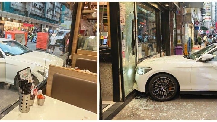 一輛私家車懷疑逃避警方追截期間，駛至旺角砵蘭街與山東街交界時懷疑撞到其他車輛後，再剷上行人路直撼一間茶餐廳。一名男乘客落車企圖逃走，被警員制服，與司機當場被捕。(Threads)