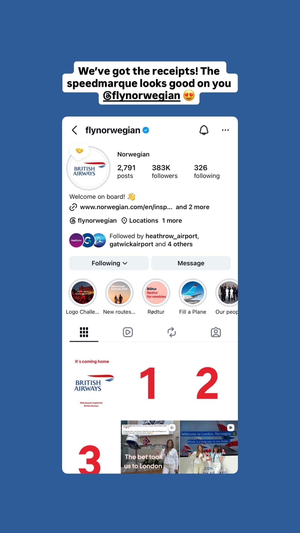 英國航空在IG Story repost挪威航空轉頭像截圖