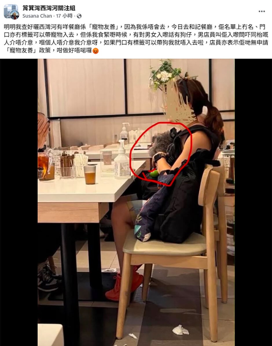 西灣河和記餐廳被食客批評違規容許狗隻進入。(FB群組「筲箕灣西灣河關注組」截圖)