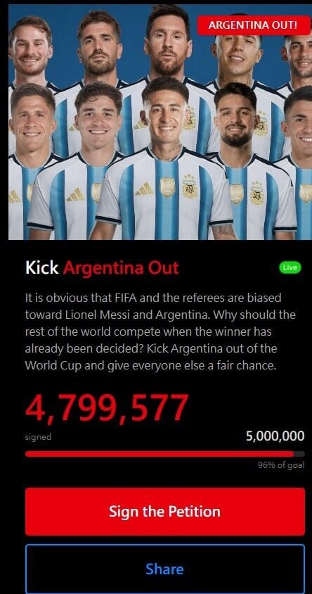 有球迷設立argentinaout.com網站,聯署要求阿根廷逐出世界盃