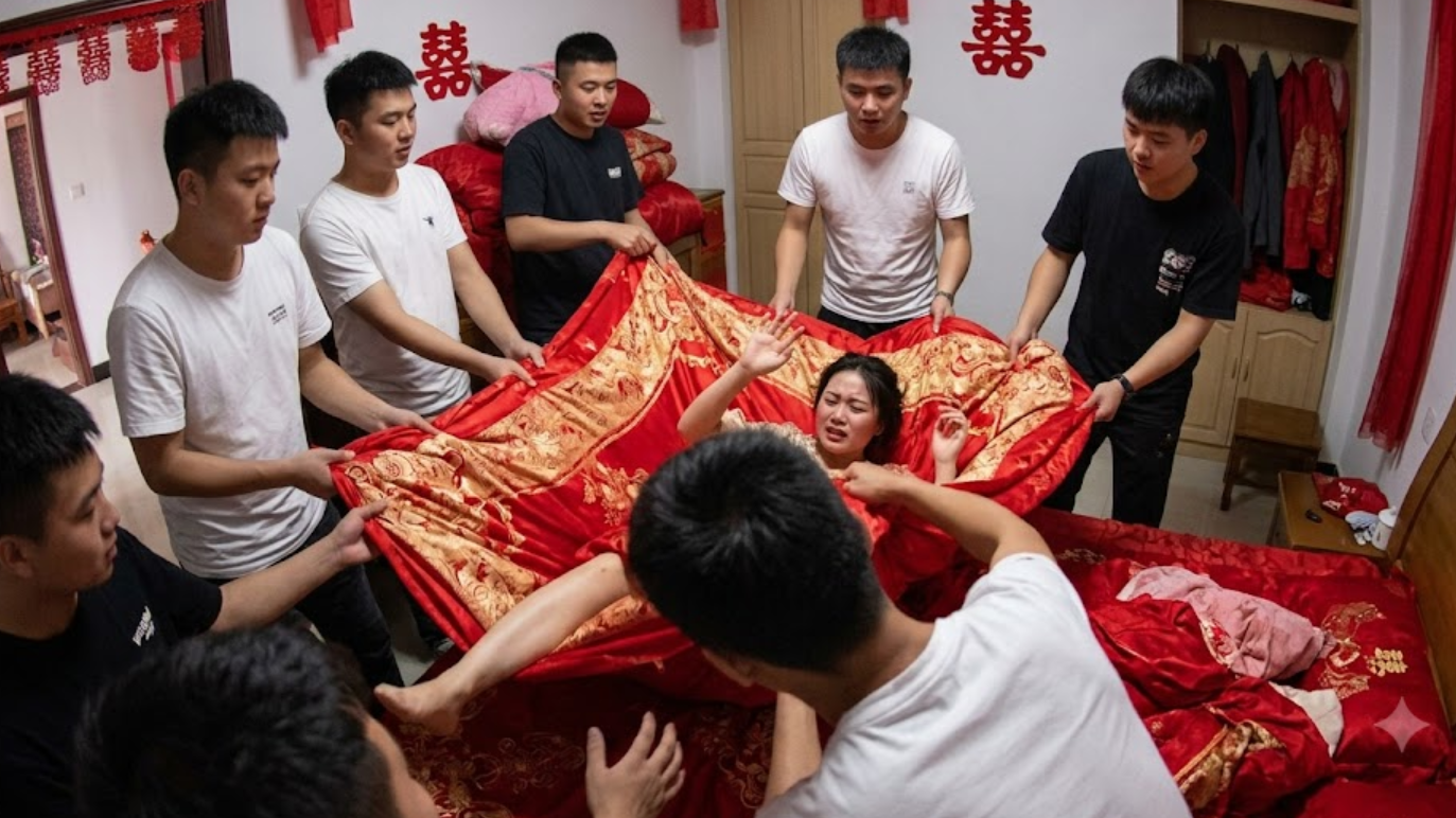 20歲伴娘張某在婚房內被拖拽至床上，多名男子抓住被子將張某往上拋時未接住，她墜落地面致腰椎爆裂骨折，鑒定為九級傷殘。(AI生成圖片)