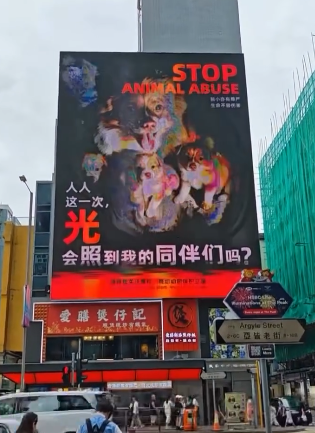 廣東揭陽4名未滿14歲的男童涉嫌縱火虐殺犬隻「旺旺」及其數隻幼犬,事件於內地及本港社交平台流傳,旺角鬧市亦出現巨幅廣告呼籲關注事件。(網上圖片)