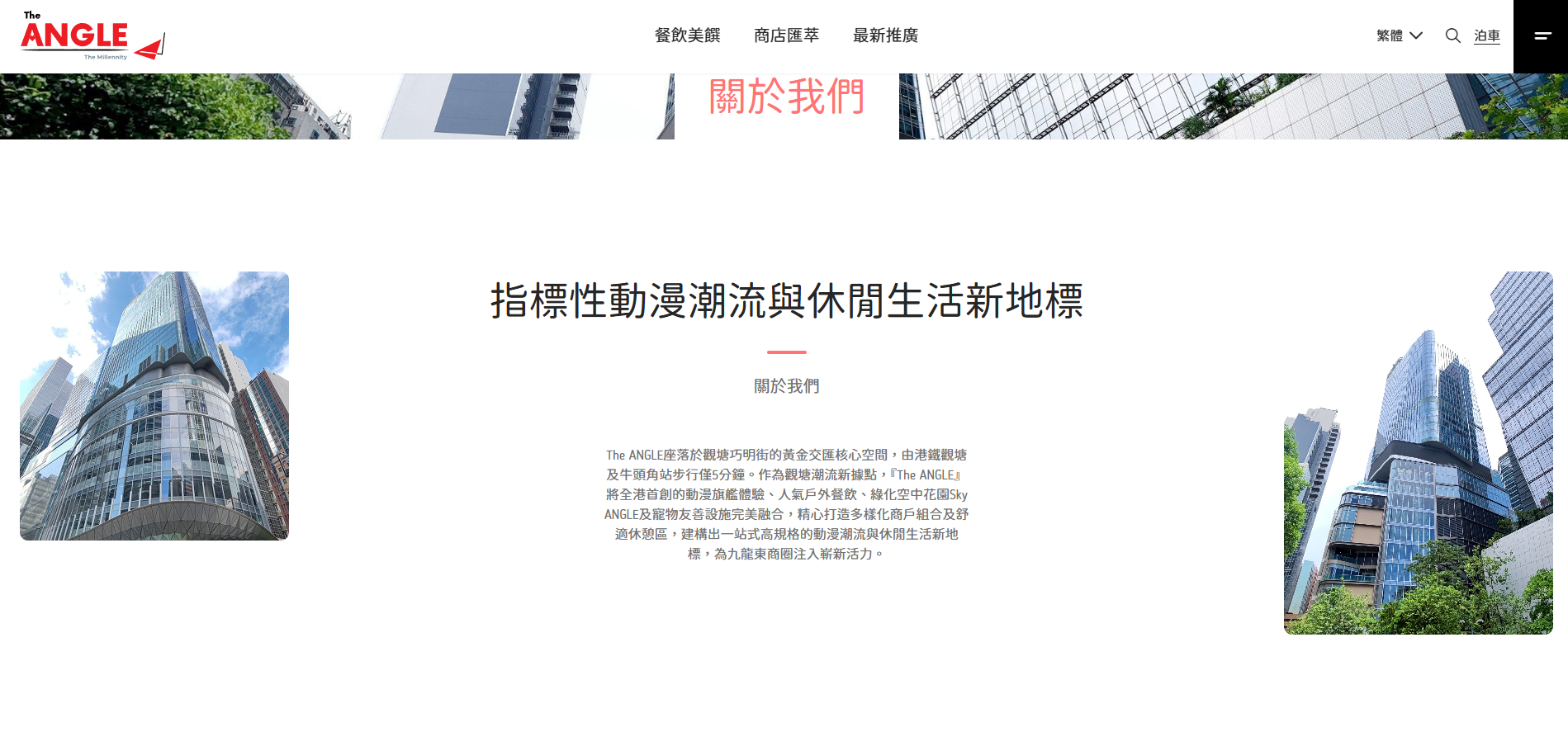 從商場官方網站及社交媒體可見,首頁及介紹均以「The ANGLE」作為商場名稱,未有再提及「三布目」。(商場官網截圖)