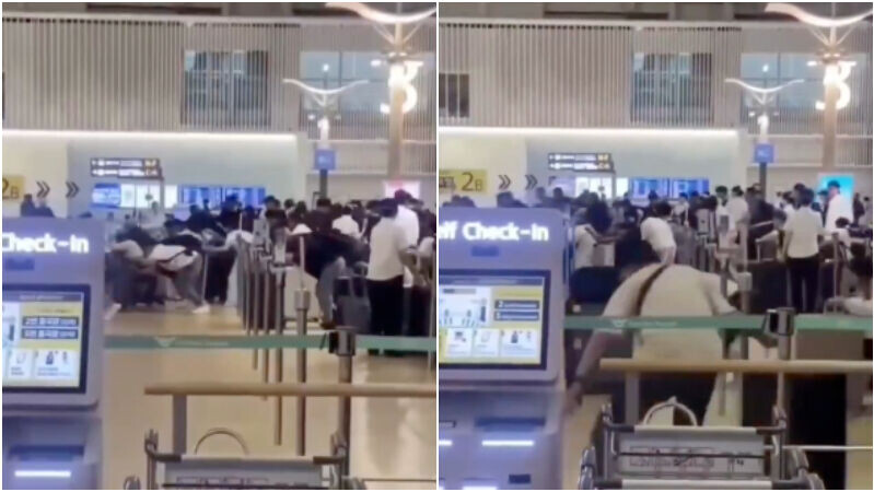 多名疑似中國客在仁川機場插隊搶報到。（圖／翻攝X「kingwest0219」）