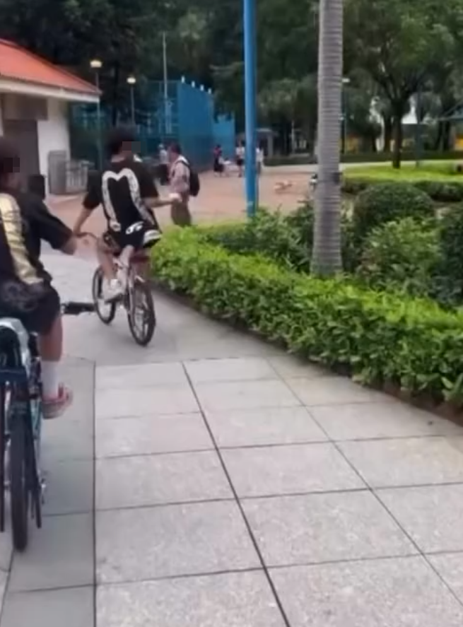 多輛俗稱「子彈仔」的改裝單車,不分晝夜在荃灣西海傍穿梭,沿途有單車上的少年手執垃圾、水彈、石塊,隨機擲向途人後逃去,當中物件更懷疑包括俗稱「馬蹄鐵」的單車煞車部件「U片」,亦有人蓄意向婦人淋潑液體,最少有3名途人遇襲,不過片段未能顯示事發時間及日期。(影片截圖)