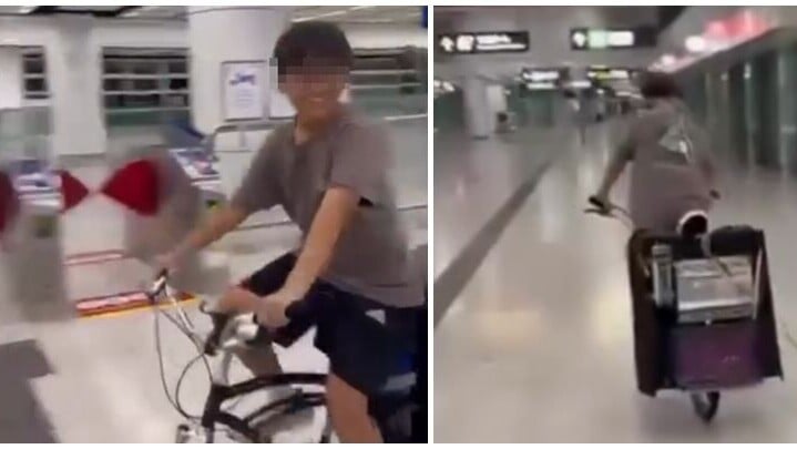 一名男童在港鐵兆康站內踩單車，單車後座綁上兩個大喇叭和播放機。當他駛經拍片者時，操普通話爆粗大喊：「我X你媽的！」(Threads)