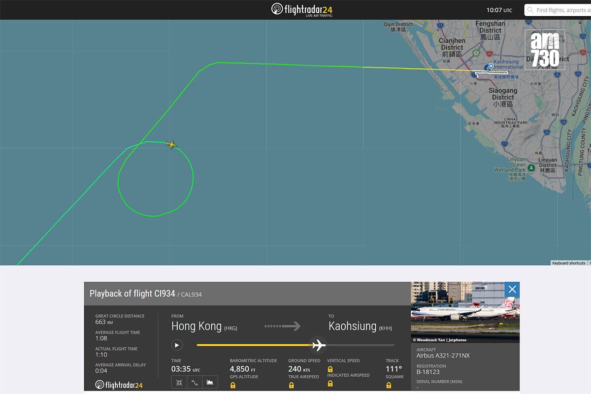 涉事中華航空客機降落前在空中盤旋一圈。(Flightrader24截圖)