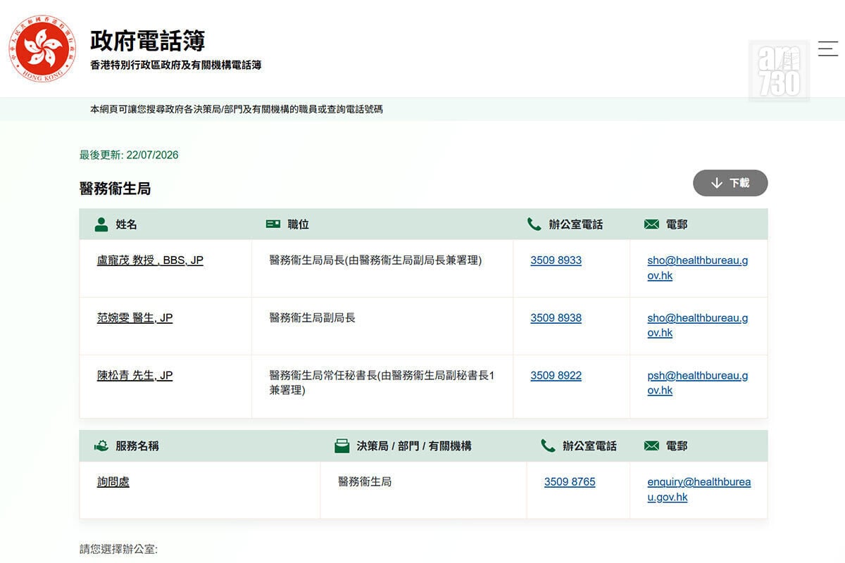 政府電話簿顯示,醫衞局局長同常秘職務同時由其他人署任緊。(政府電話簿截圖)