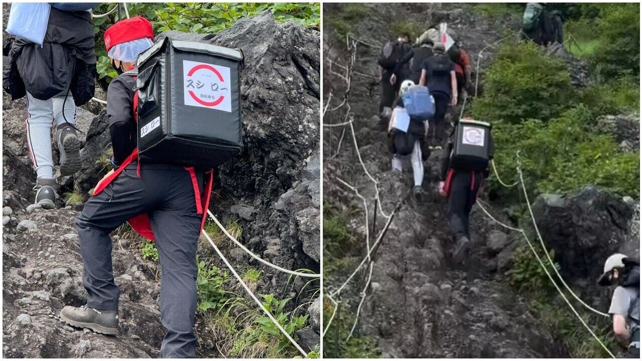 富士山驚見「壽司郎」外賣員，手捧壽司攻頂惹熱議。(Threads/Haruka遙)