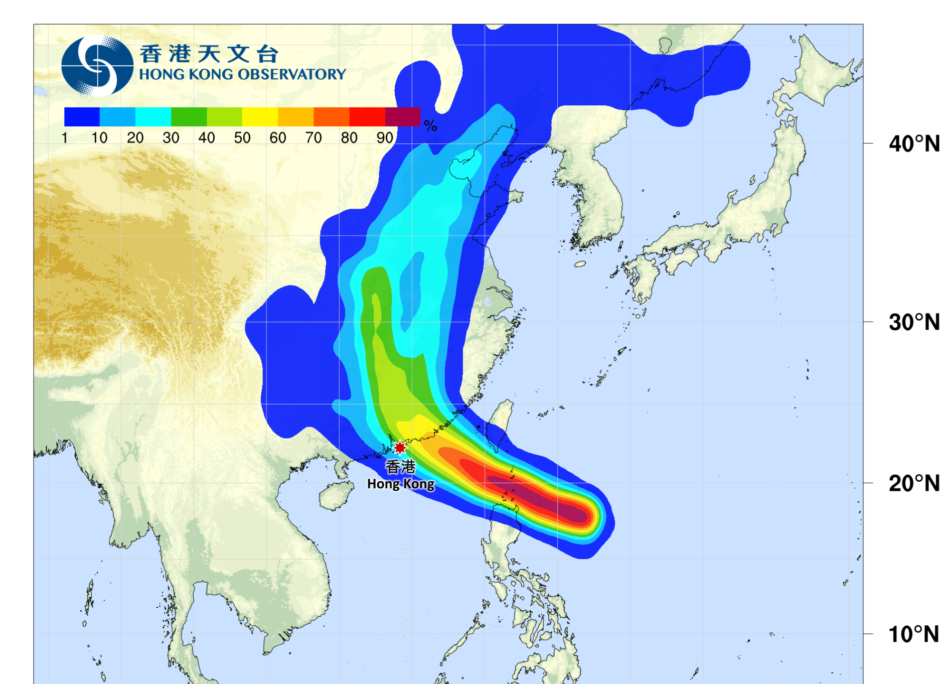 7月24日颱風紅霞熱帶氣旋路徑概率預報。(香港天文台)