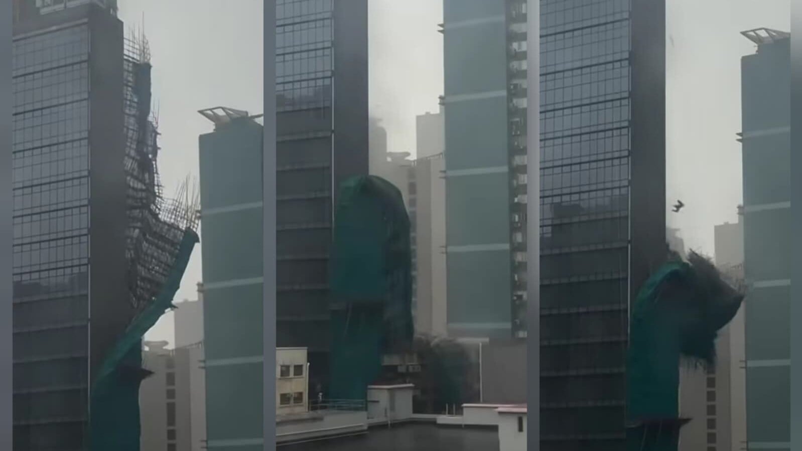 颱風紅霞｜長沙灣道工廈外牆巨型棚架倒塌　壓向地面及鄰廈平台(有片)