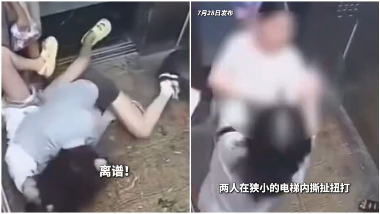 最差身教，湖北大媽不滿阻𨋢門被催打人，還叫「兒子，幫我打她」。(微博)