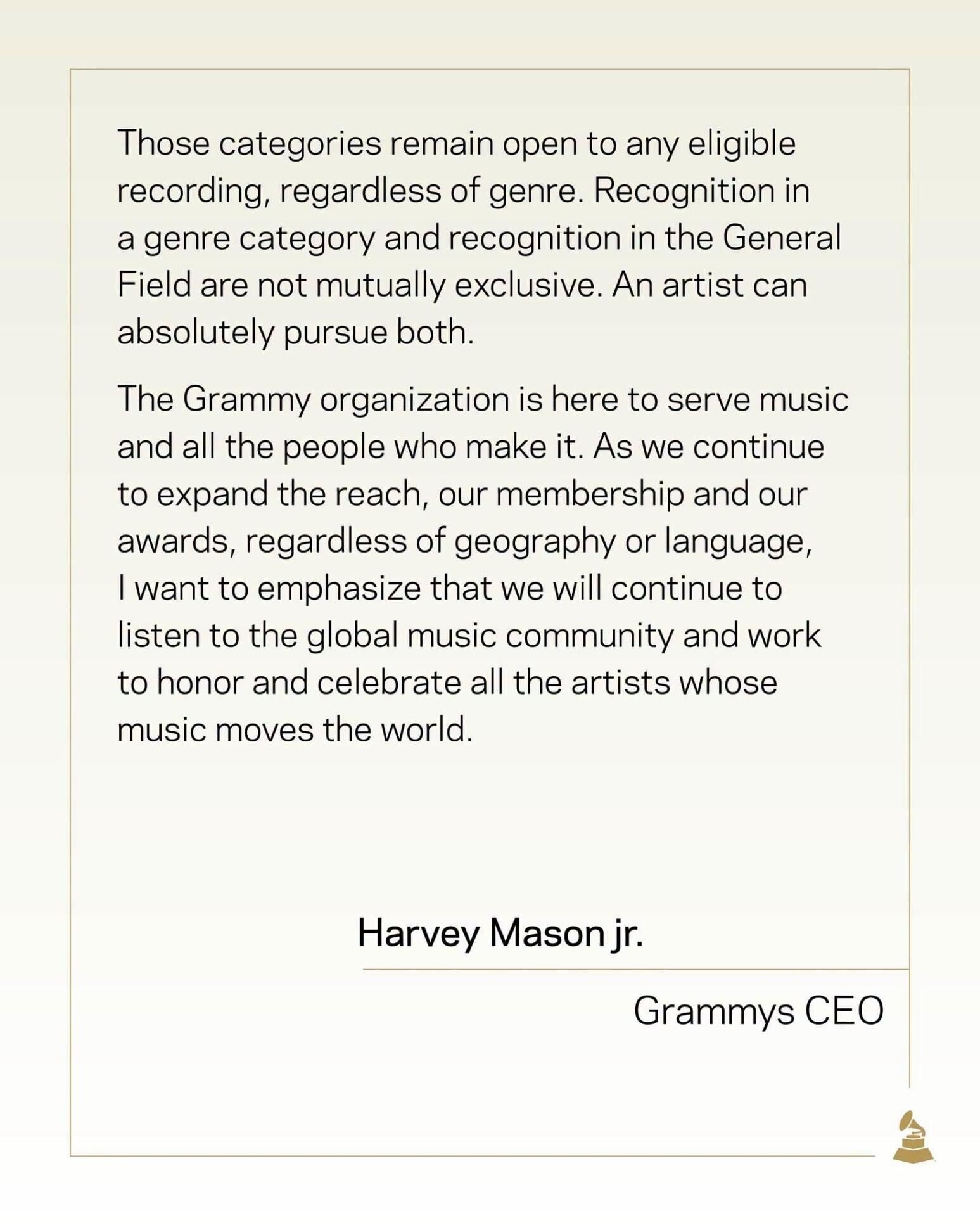 格林美獎行政總裁Harvey Mason Jr.回應增設「最佳亞洲流行音樂表演獎」(Best Asian Pop Music Performance)原因