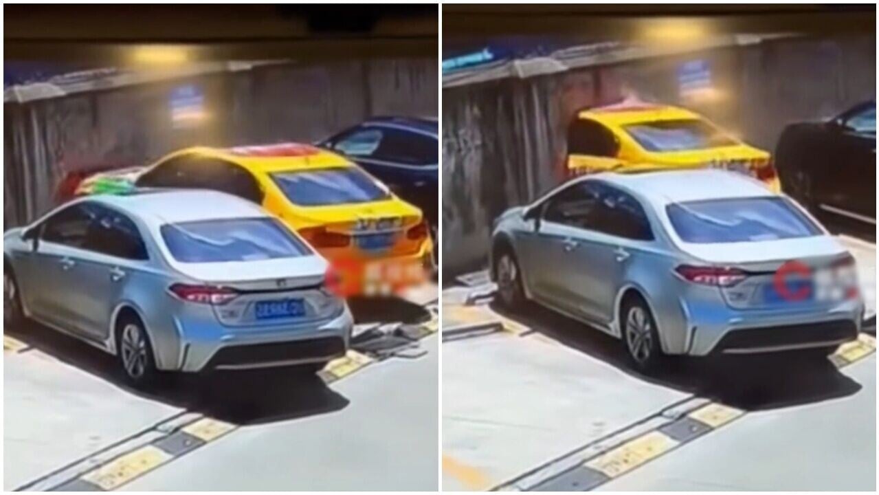 上海私家車絲滑穿牆而過，網民驚呼「九又四分之三停車場」。(微博)