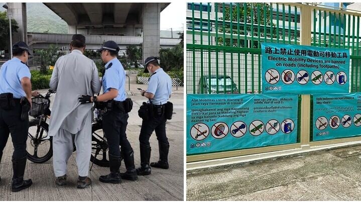 屯門警區連日打擊非法使用電動可移動工具，推出全港首創、同時載有八種非華裔語言的道路安全宣傳橫額(警方提供)