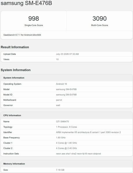 SAMSUNG Galaxy F70 Pro 跑分流出:搭載 Snapdragon 6 Gen 3 處理器配置曝光!