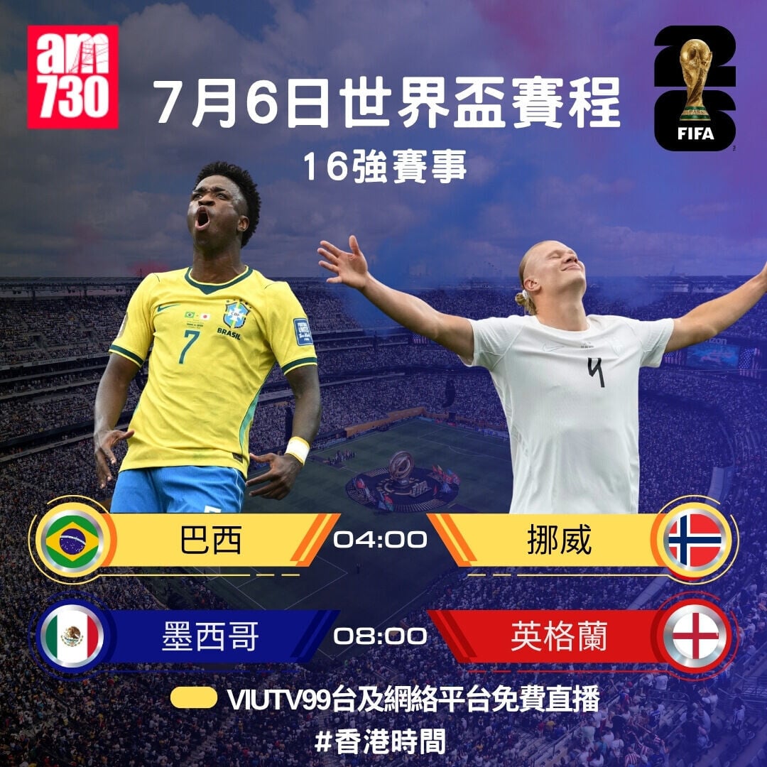 世界盃2026  16強賽程，7月6日巴西對挪威，墨西哥對英格蘭（am730製圖）