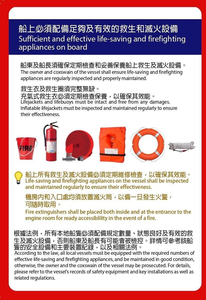 船上必須配備足夠及有效的救生和滅火設備(海事處)