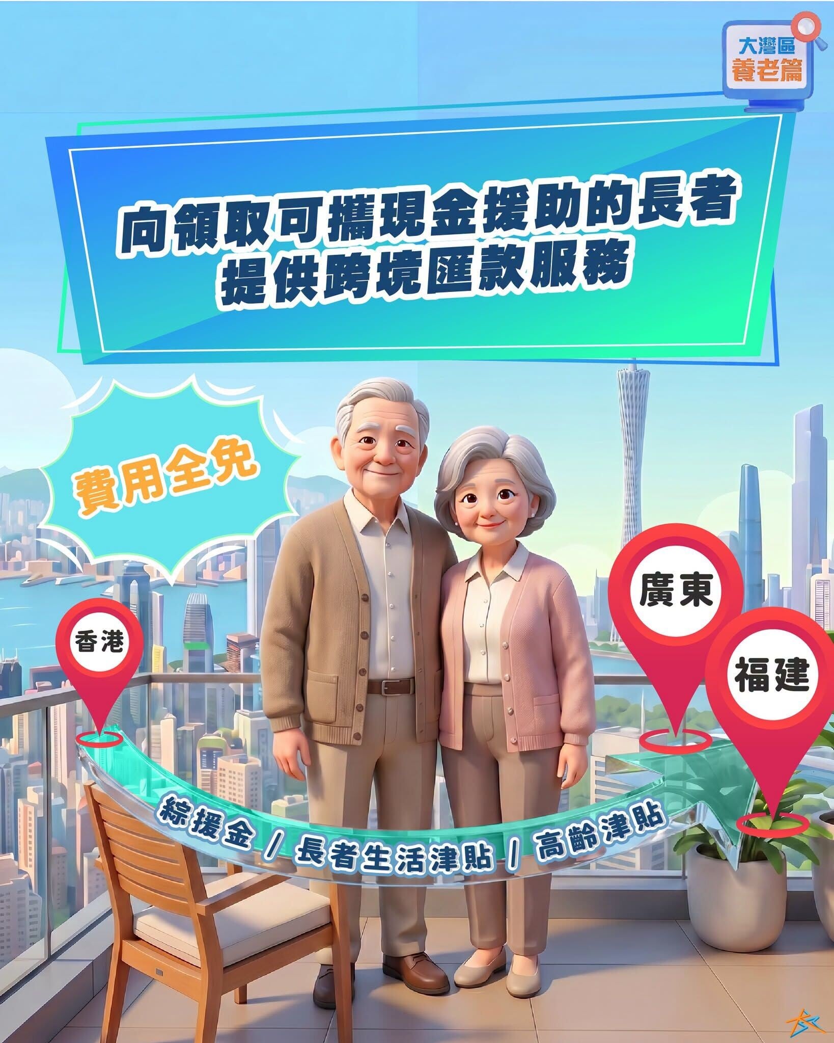 向領取可攜現金援助的長者提供跨境匯款服務,費用全免(粵港澳大灣區發展辦公室)