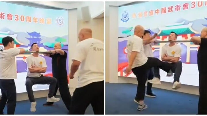 香港警察中國武術會舉行「三十周年會慶暨名譽會長就職典禮」晚宴，有成員表演中國傳統武術中的「鐵襠功」，用頸力懸空被人用腳踢下陰10下。(影片截圖)
