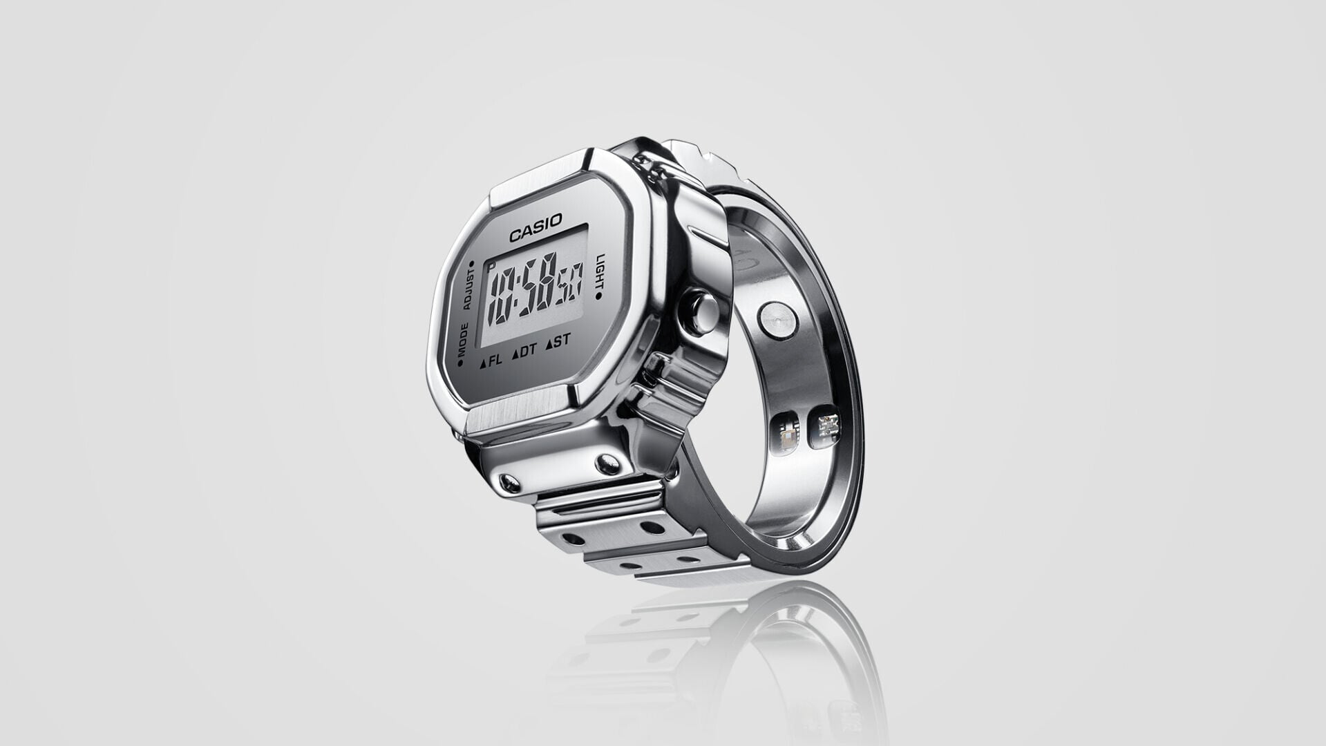 Casio Ring Watch採用銀色經典造型。