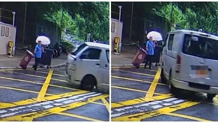 客貨車在黃大仙中心北館停車場入口方向駛至，期間懷疑因天雨路滑突然在停車場外雙白線及黃格仔跣胎「甩尾」掉頭。當時一名清潔女工一邊手撐雨傘，另一邊拖着垃圾桶，正踏出行人路準備過馬路。她差點被客貨車撞倒，登時嚇得停下腳步，最後目送客貨車駛走。(車cam L（香港群組）)
