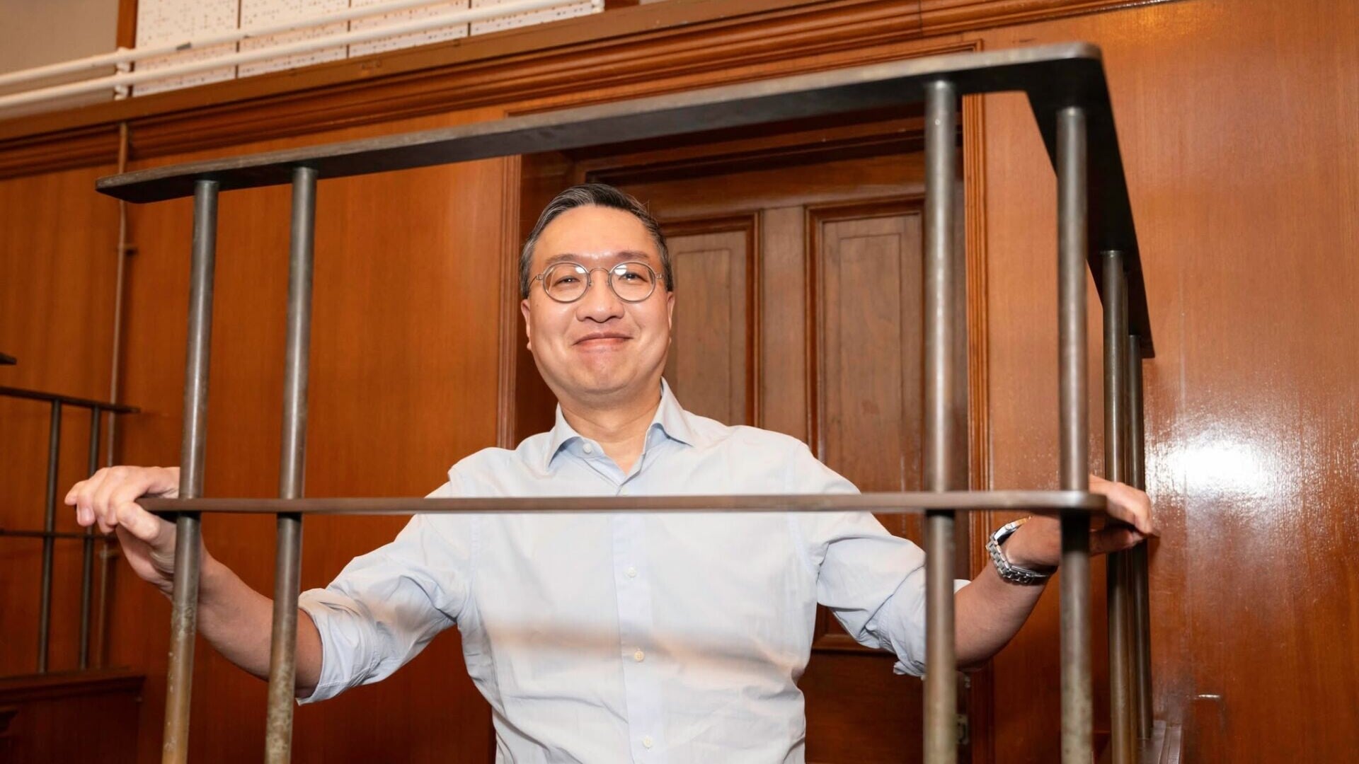 林定國模擬法庭演「推父落梯」被告，陪審團一致裁定無罪。(法治建設辦公室)