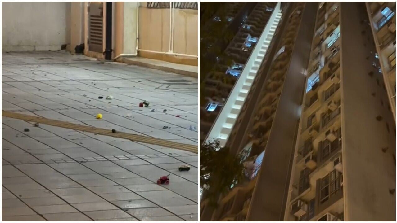 天水圍天瑞邨深夜狂擲玩具落街，目擊街坊懷疑有人「教仔」。(Threads/_ch1sat0.69)