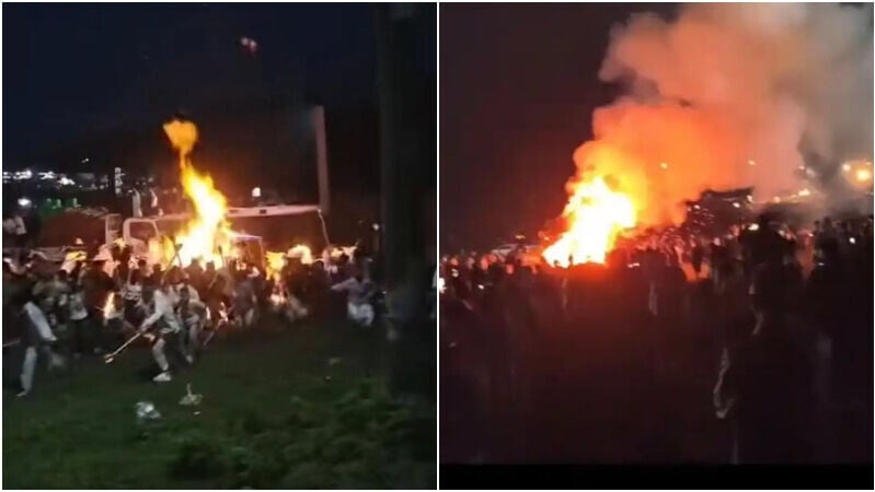 可燃液體桶翻，民眾尖叫逃命。（圖／翻攝澎湃新聞）