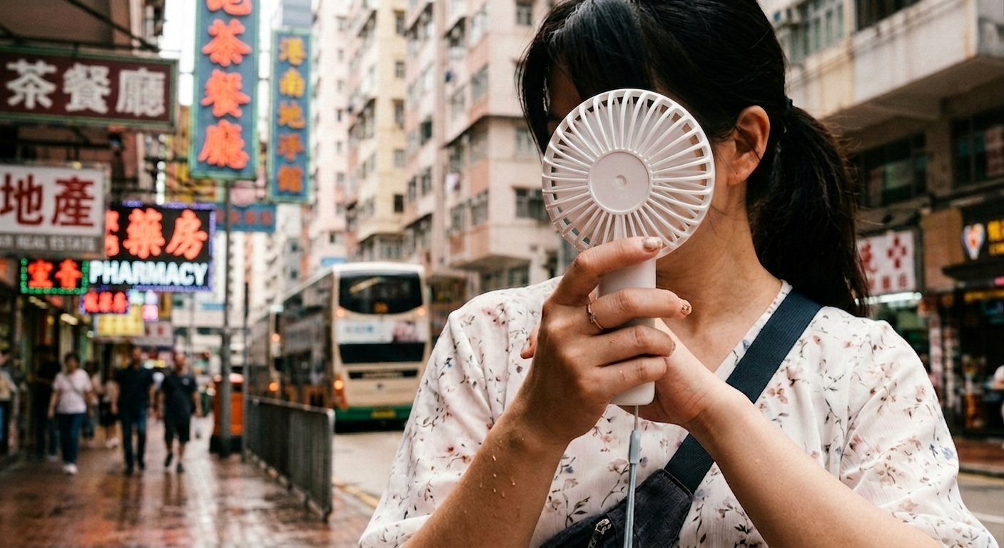 使用手提風扇仔先噴上水霧,加強降溫效果。(AI生成圖片)