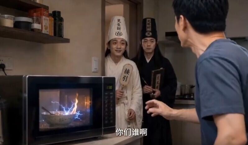 黑白無常「接人」變「救人」。(微博)