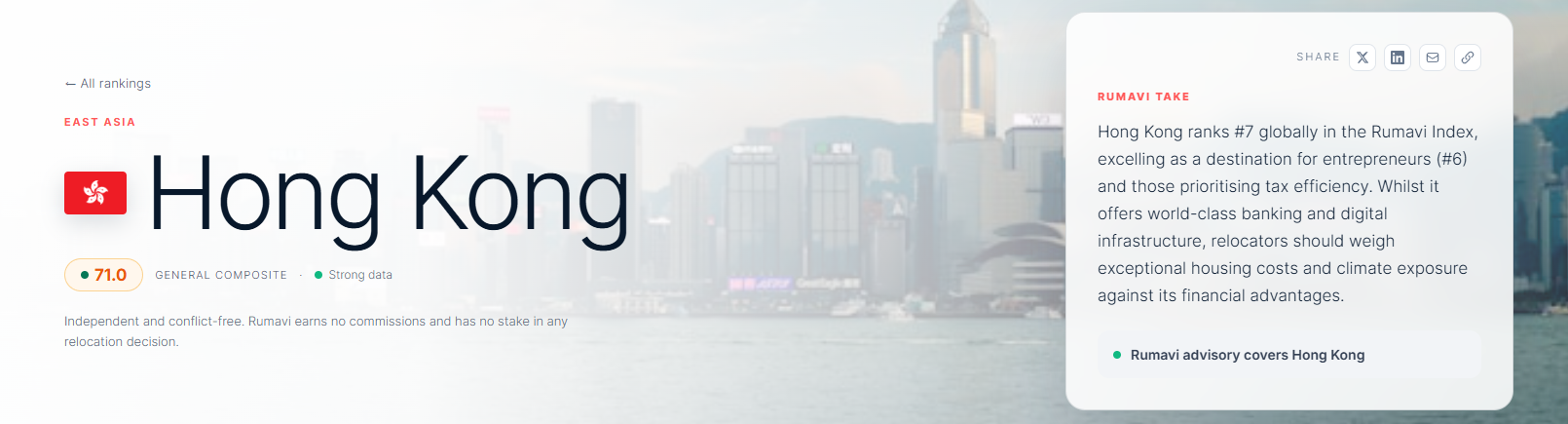 Rumavi分析指,香港受到企業家和注重稅務人士的青睞。(Rumavi網站截圖)