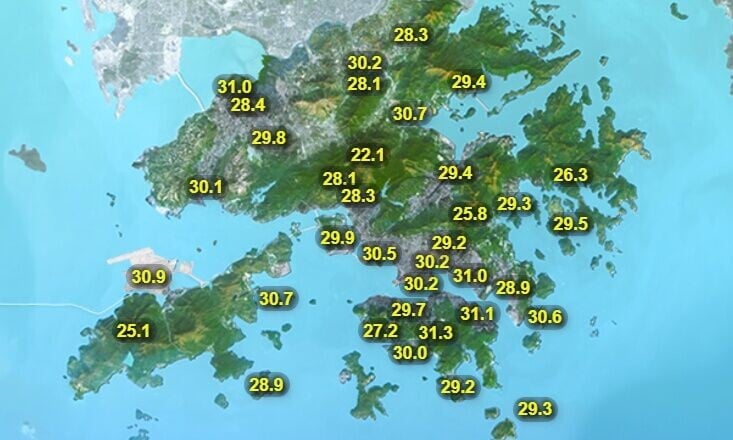 今日市區最高氣溫在33至34度左右,新界再高兩三度。(香港天文台)