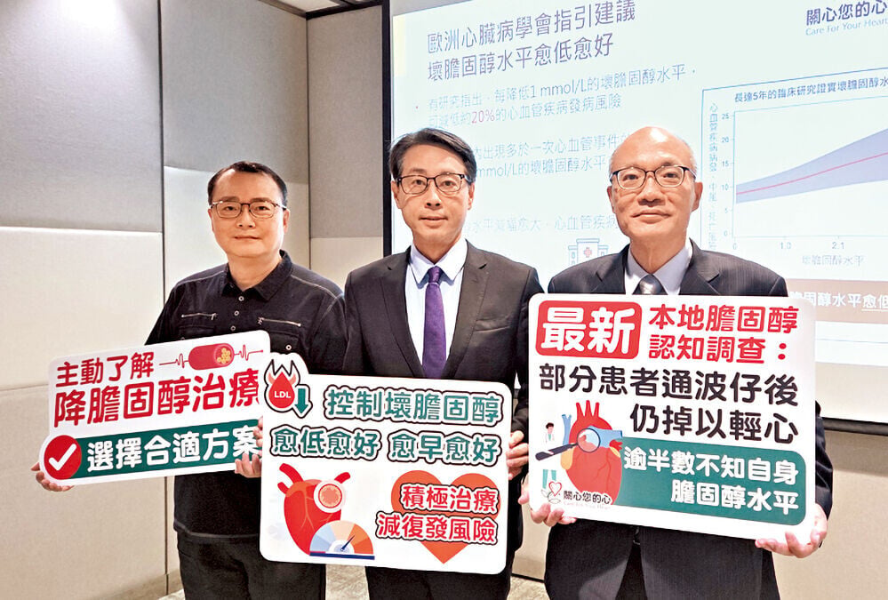 (左起)高膽固醇患者余先生、梁達智、梅卓能。