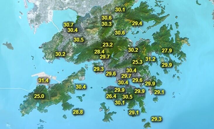 本港今日部分時間有陽光,天氣仍然酷熱,市區最高氣溫約34度,新界再高一兩度。(香港天文台)