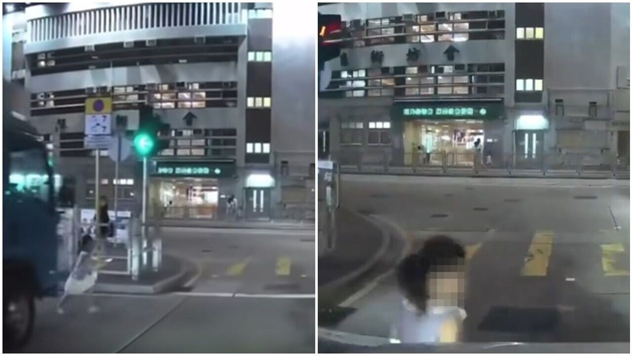 車Cam直擊，大角咀女童車罅跑出馬路，司機及時煞車避過意外。(FB/車cam L（香港群組）)