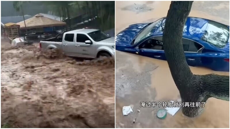 江蘇宜興滾滾山洪傾瀉而下。（圖／翻攝新浪微博）