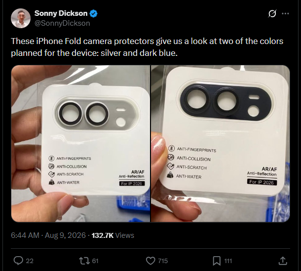 Apple爆料者Sonny Dickson在X上發布了鏡頭配件諜照,顯示iPhone Ultra兩款機身配色。(X@SonnyDickson)
