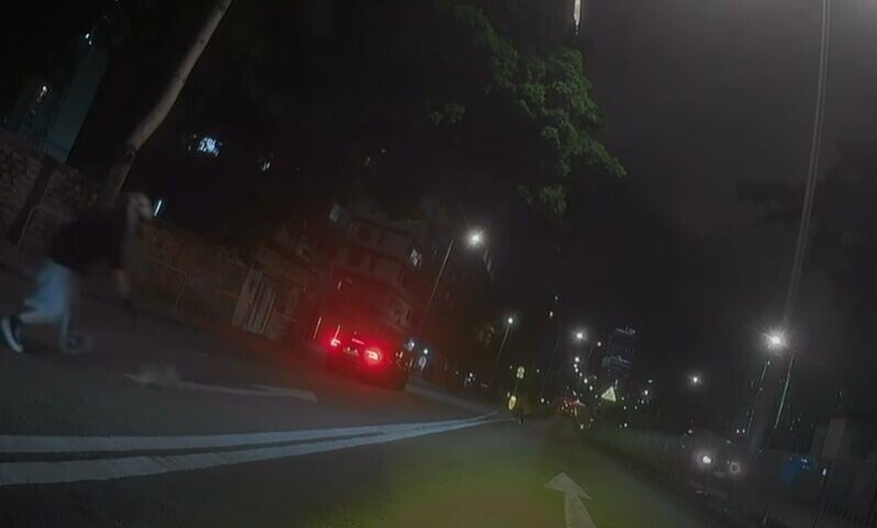 鐵騎士與小狗經一輪追逐,最終在車輛前方位置將狗狗按住。(FB/車cam L(香港群組))