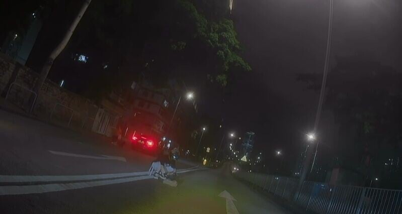 鐵騎士與小狗經一輪追逐,最終在車輛前方位置將狗狗按住。(FB/車cam L(香港群組))