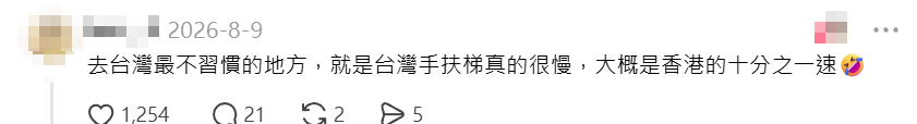 台灣一名訪港遊客發帖,「來香港最不習慣的地方,就是香港手扶梯真的很快」,更形容是「台灣的三倍速」,掀起兩地網民討論。(Threads)