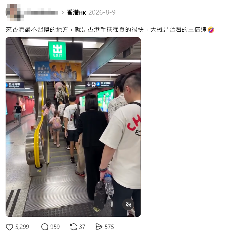 台灣一名訪港遊客發帖,「來香港最不習慣的地方,就是香港手扶梯真的很快」,更形容是「台灣的三倍速」,掀起兩地網民討論。(Threads)